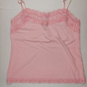 Pink Lace Trim Camisole Babydoll Top Adjustable Strap Large Y2k Girlie Pop Cute